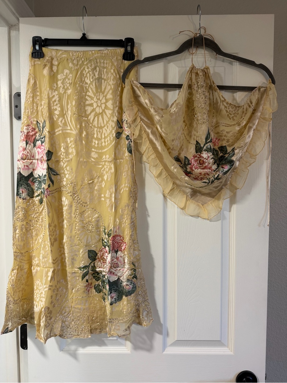 Aris A Vintage Silk Beaded Halter Top & Maxi Skirt Set Butter Yellow